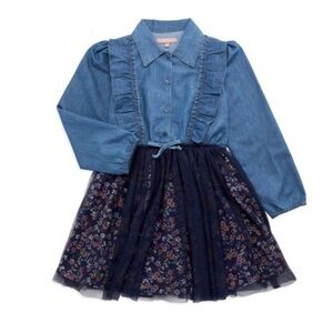 BCBGirls M (10-12Y) Blue Denim Collared Ruffled Floral Tulle Skirt Dress- NEW!